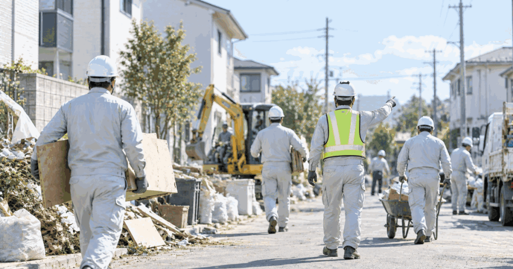 住宅街の道。白いヘルメットと作業着の人たちが、板やがれきを運んでいる。奥に小型の重機とトラック、道の脇に土のうと片づけた廃材が積まれている。
