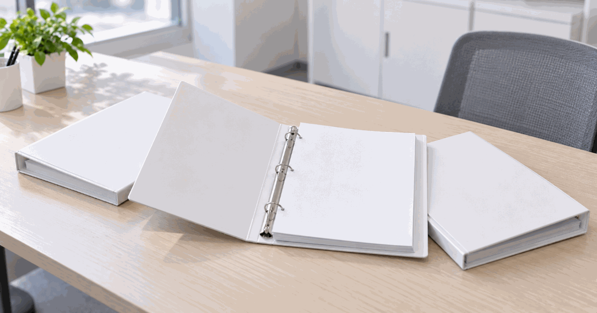木の机の上に、同じ形と大きさの白いファイルが3冊並べて置かれている。真ん中の1冊だけが開かれていて、中の紙は白紙。表紙には何も書かれていない。